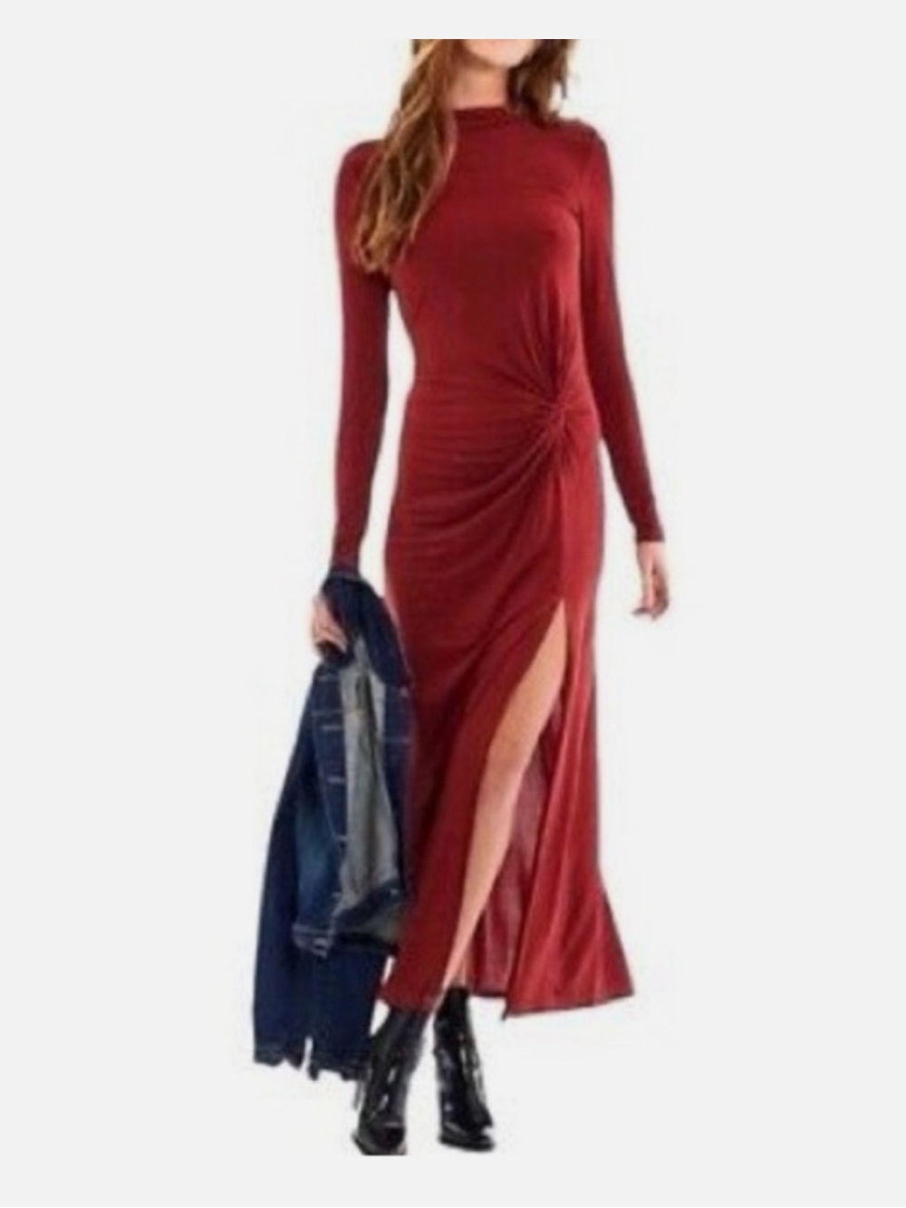 Young Fabulous & Broke Madison Maxi Dress Thigh Slit Maroon Long Sleeve Sz Small